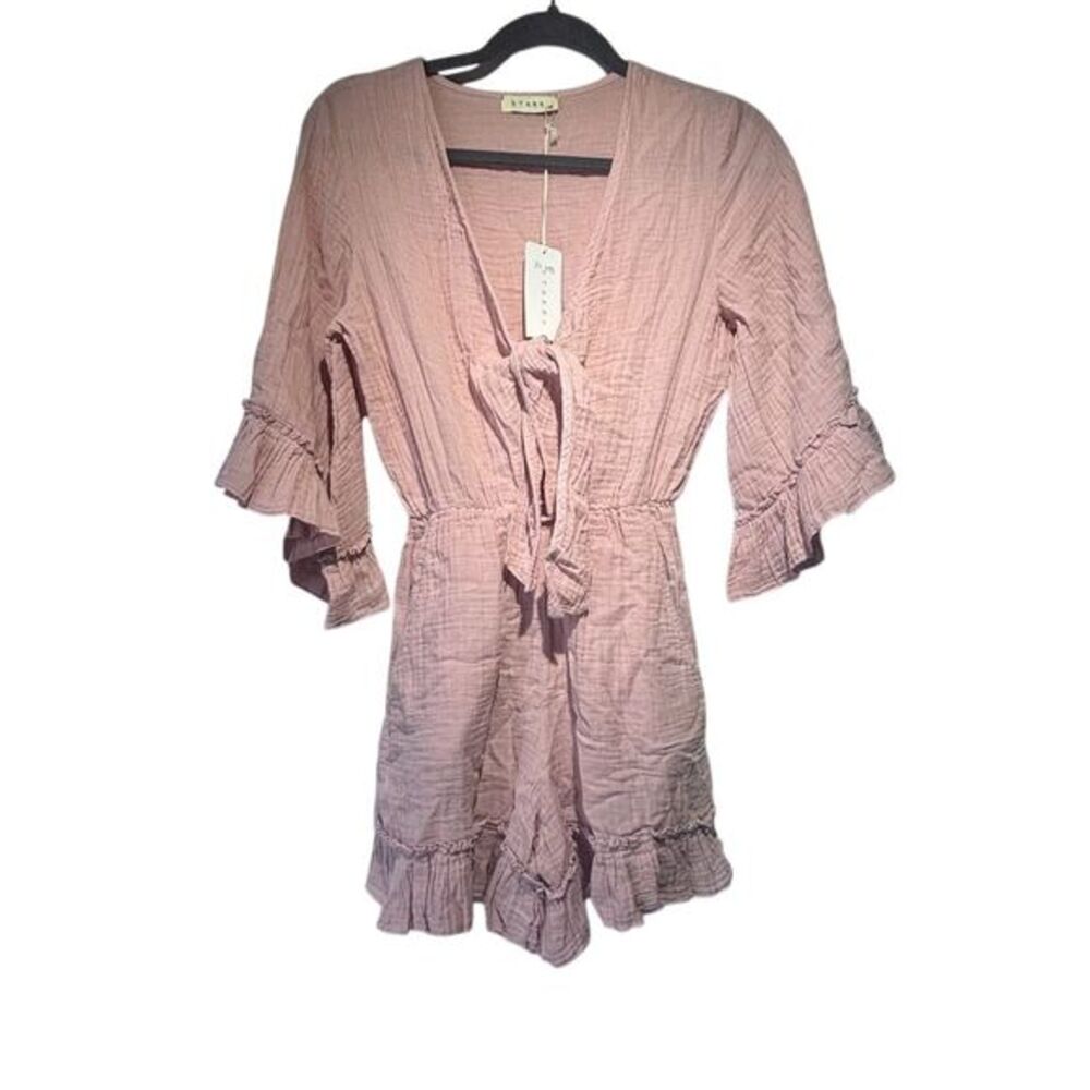 STARK X Women's XS Jumpsuit Dusty Rose Ruffle Tie Front V-Neck Casual